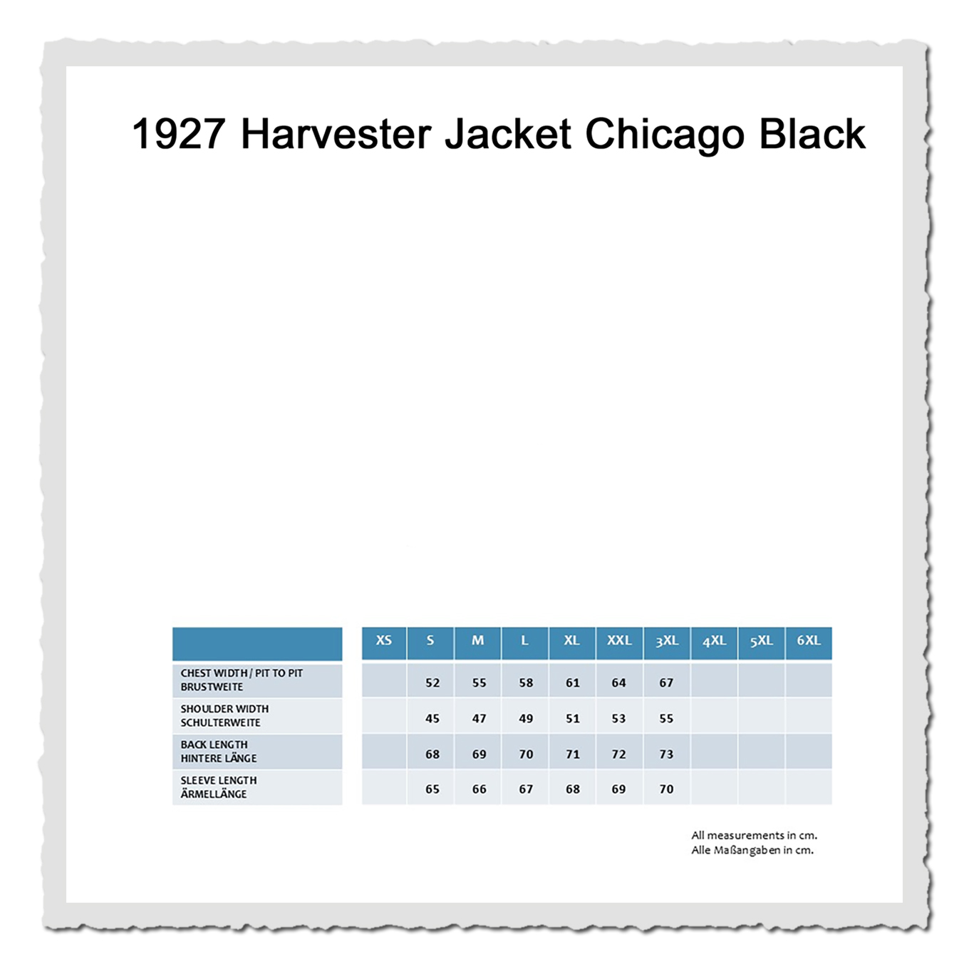 Grafik mit Größen- und Maßtabelle zum 1927 Harvester Jacket Chicago Black auf weißem Hintergrund.